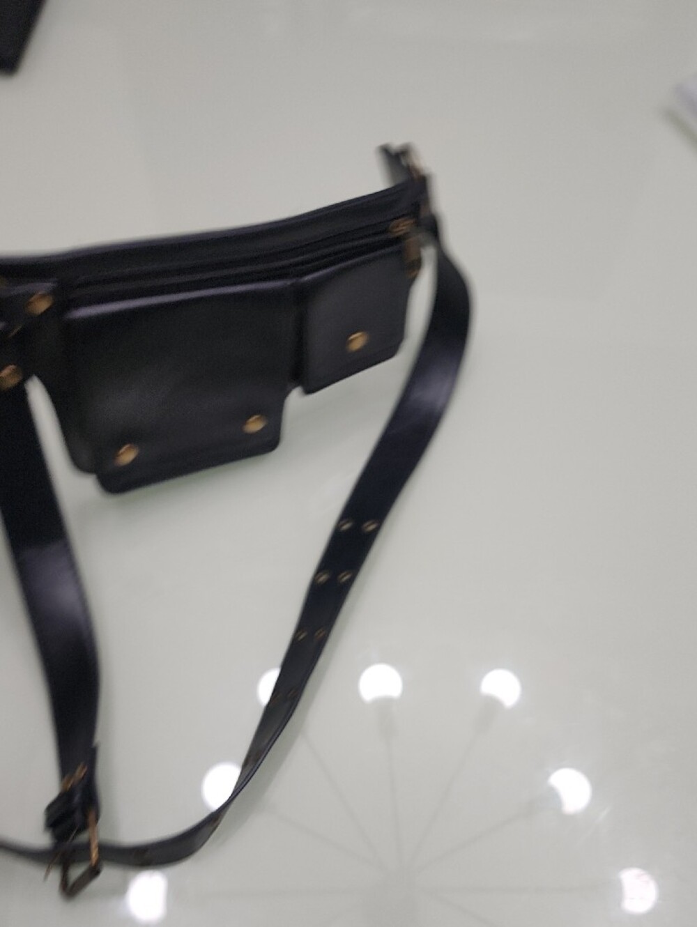 Black Leather Studded Belt Bag with Gold Accents - Picture 4 of 7